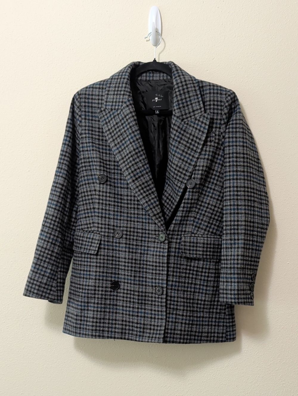 7 For All Mankind Gray and Blue Checked Double-Breasted Blazer